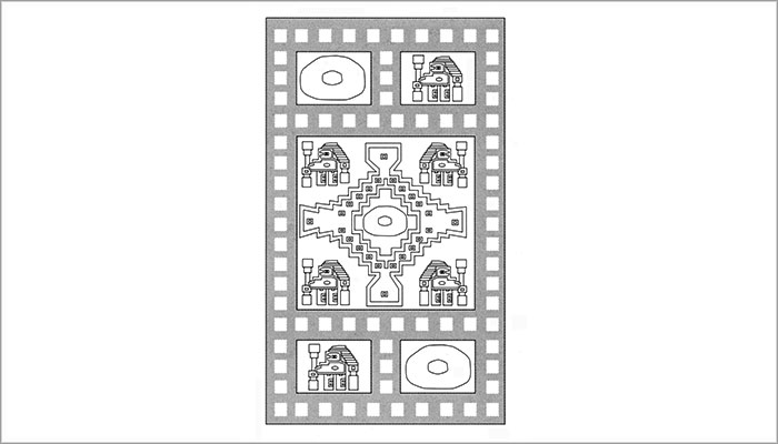 Módulo de la iconografía en el traje Chimú que representa el centro ceremonial (Dibujo, Brugnoli et al. 1997: Fig.26)
