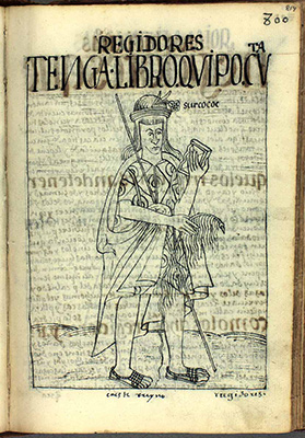 Un contador hispano-indígena portando <em>quipu</em> y libro, según el cronista indígena Guamán Poma de Ayala (1615).