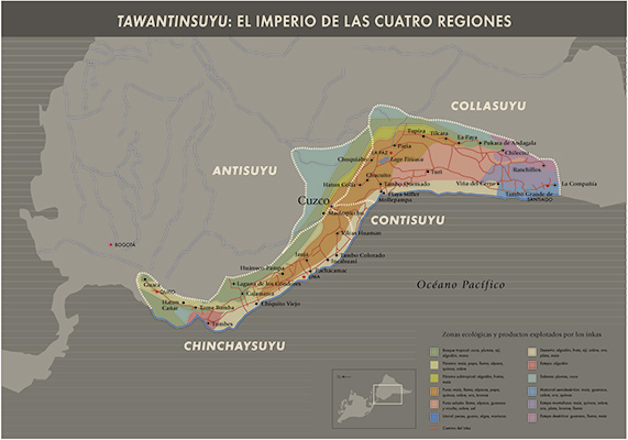 La diversidad ecológica en los cuatro suyos o provincias del extenso territorio del Imperio Inka, unidos a través de su compleja red de vialidad. Se señalan los principales sitios Inkas y lugares donde se han registrado quipus.
