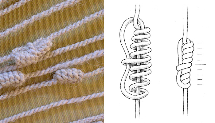 Nudo con cinturón, detalle del <em>quipu</em> N° 0780 del Museo Chileno de Arte Precolombino. Recreación del “Nudo con cinturón”. Dibujo, José Pérez de Arce.