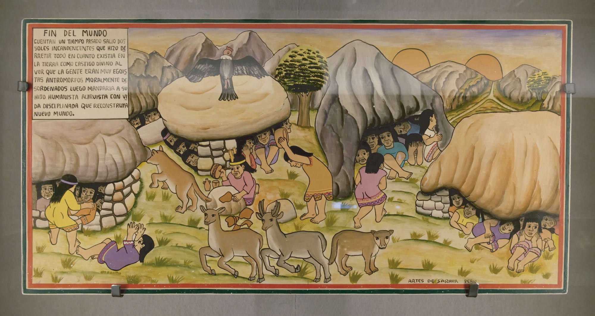 Pachakuti o fin del mundo. Tabla de Sarhua, madera. Ayacucho, Perú. Colección particular, LEN-6 ( 600 x 300 mm).