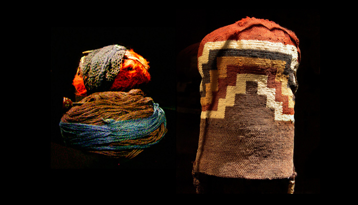 Adelante: Turbante de madejas con accesorios. Fibra de camélido. Arica-Tarapacá , 1500 ac – 500 dC. MAVI.Atrás: Turbante de madejas y huincha con cabezal de arpón.Fibra de camélido y algodón,hueso y tiento. Costa de Arica,1500 aC – 500 dC. Colección Particular. Der: Gorro globular . Tejido anillado,fibra de camélido. Arica-Tarapacá ,500 aC – 500 dC. MUA.