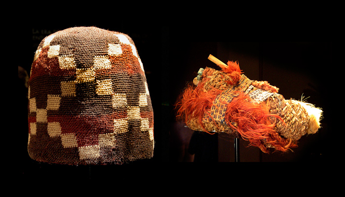 Izq: Gorro globular. Tejido anillado, fibra de camélido. Arica-Tarapacá ,500 aC – 500 dC. MChAP 2742.Der:Bonete tipo turbante con vellones, hilados y huincha tejida a telar. Fibra de camélido,hueso y mineral de cobre. Arica-Tarapacá ,500 aC – 500 dC. Colección Particular.