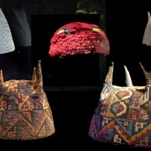 Gorro de cuatro puntas, policromo . Tejido anudado ,fibra de camélido. Arica ,500 - 1000 dC. MChAP 0180. Atrás: Gorro hemisférico afelpado. Tejido anudado con agregado de mechas ,fibra de camélido.Arica - Loa I Atacama 500 - 1000 dC.MChAP 2987.