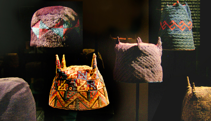 Gorro de cuatro puntas bicromo (café). Tejido anudado ,fibra de camélido .Valle de Azapa,Arica,800 – 1000 d.C.CMBE.