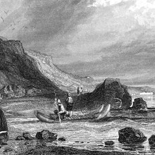 Changos del siglo XIX navegando en una balsa de cuero de lobo de grandes proporciones. {grabado de R. A. Philippi, 1860).