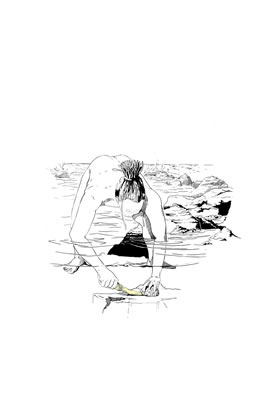 Pescador desconchando un loco (dibujo,Alex Clave).