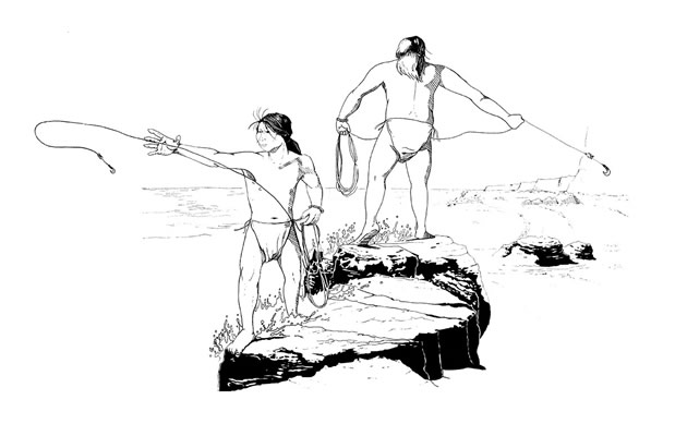 Pescadores pescando con línea y anzuelo {dibujo ,Alex Olave).