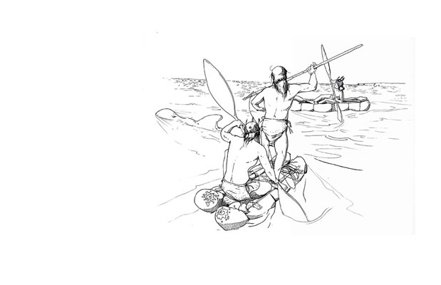 Pescadores cazando en balsas de cuero de lobo (dibujo,Alex Olave).