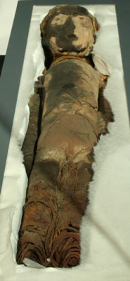 Momia «negra» de infante con máscara. Recubierta con ceniza y arcilla, peluca de cabello humano. Costa de Arica – Pescadores Tempranos. Complejo Chinchorro 5500 – 2000 a.c. Colección Museo de Historia Natural,Valparaíso.