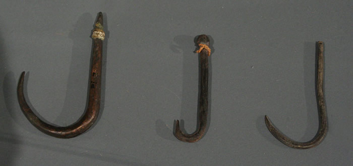 a) Anzuelo de cobre. Costa de Taltal,Pescado res Tardíos. Colección Museo Augusto Capdeville. b) Anzuelos de vástago recto de espina de cactus. Pescadores Tempranos y Tardíos. Colección Museo Chileno de Arte Precolombino,M-39 y 40.