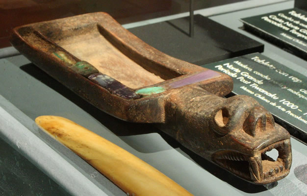 Tableta para polvos alucinógenos con representación de llama felinizada. Madera,concha perla y malaquita. Norte Grande. Período Post nwanaku 1000 – 1300 d.C. Colección Museo Chileno de Arte Precolombino ,2594.