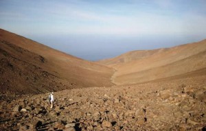 Desembocadura de la quebrada El Médano (Taltal) en el acantilado costero,cerca de 1.000 m sobre el nivel del mar (foto J . Berenguer).
