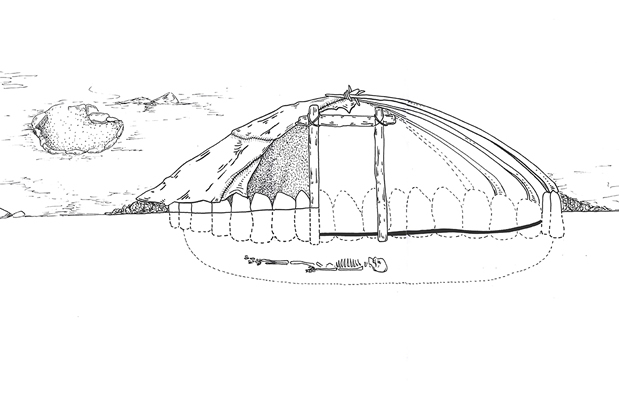 Reconstrucción de una vivienda en la aldea de Caleta Huelén-42,desembocadura del río Loa (dibujo Alex Clave