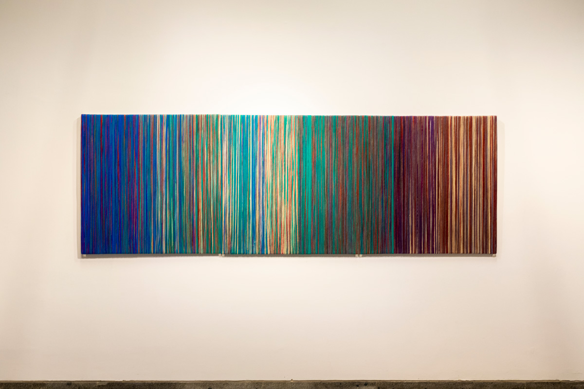 EFERENTE, AMYGDALA Y AFERENTE. ca. 2017 – 2018. Lino, madera y metal. Linen, wood, metal. 3 paneles, 100 x 100 cm c/u. Colección de la artista.